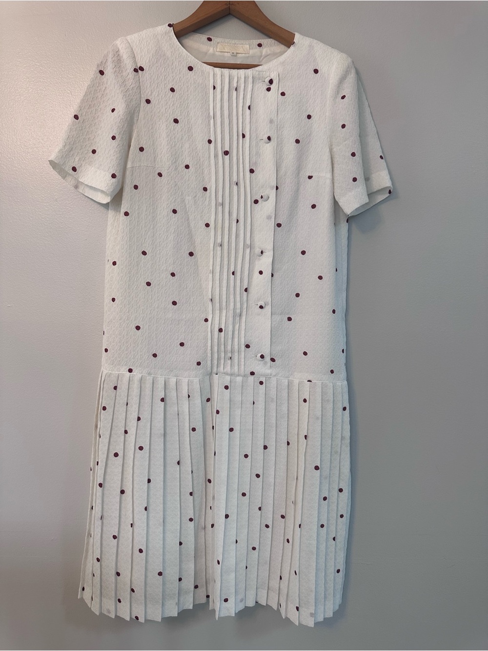 Vintage White Midi Pleated Dress with Wine Polka Dots Women’s Size 9/M